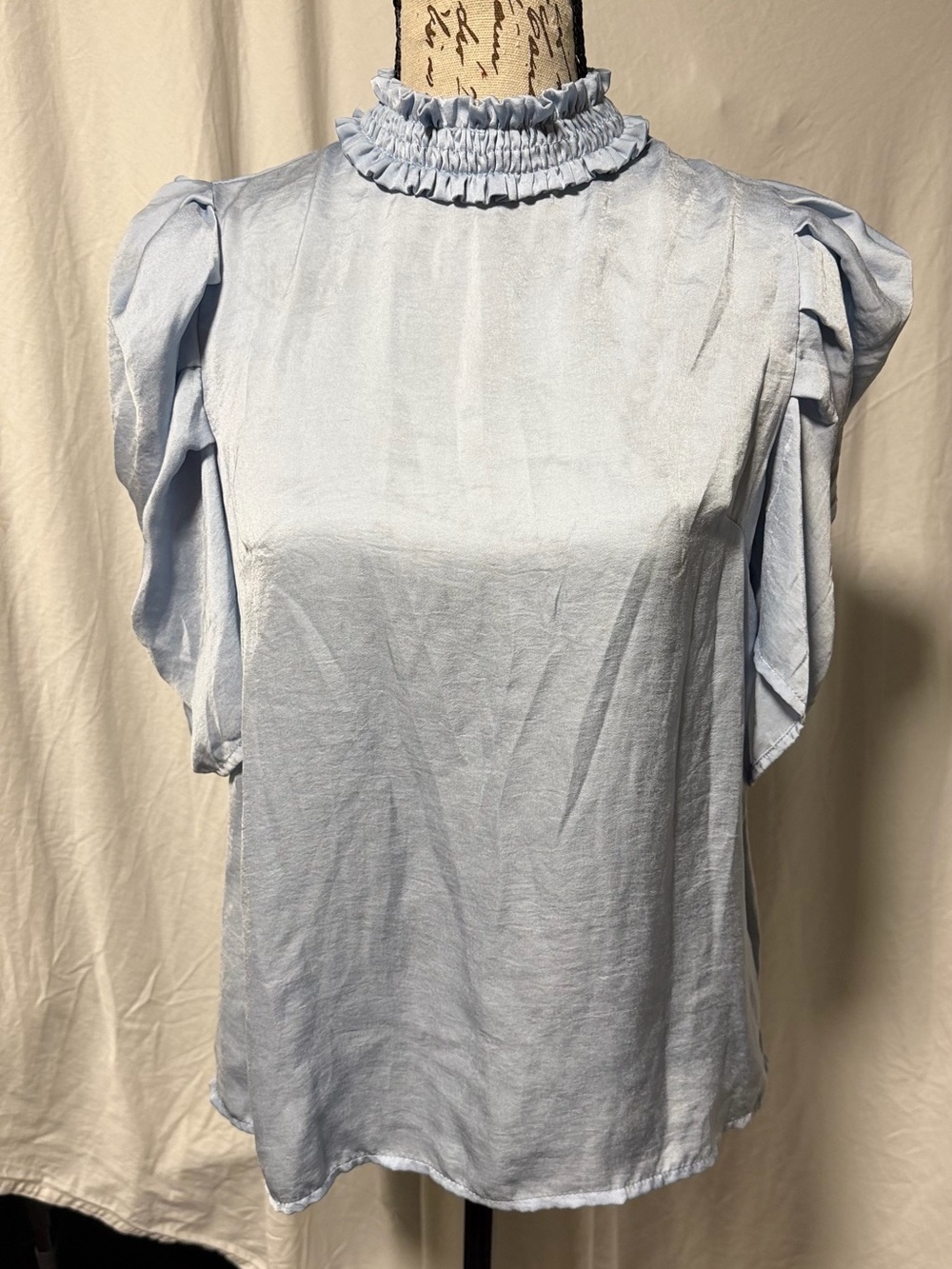 Glam Light Blue Satin Mock Neck Smocked Ruffle Top Flutter Sleeve Blouse Size S